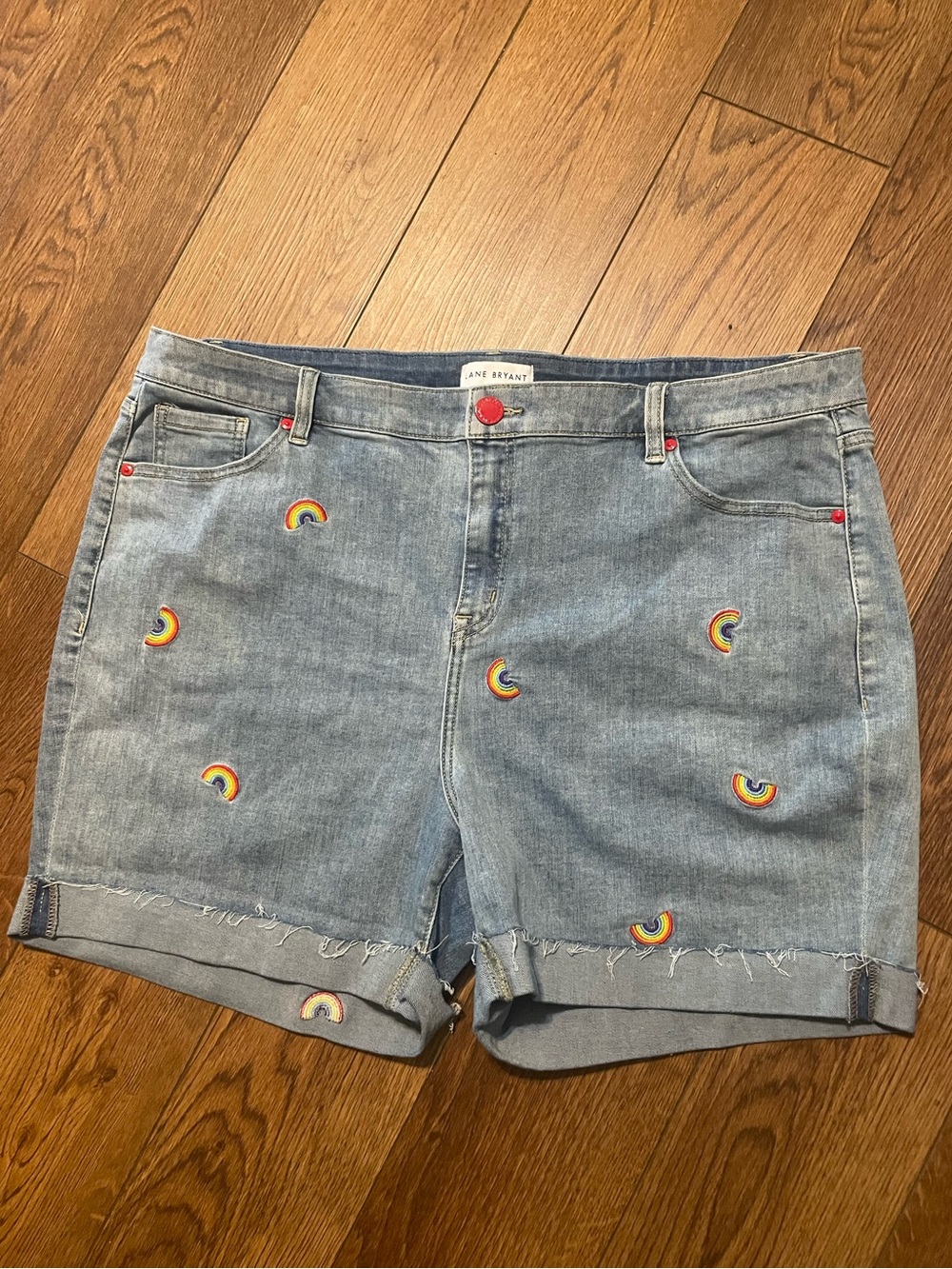 Lane Bryant Light Blue Denim Shorts with Rainbow Boho Embroidery